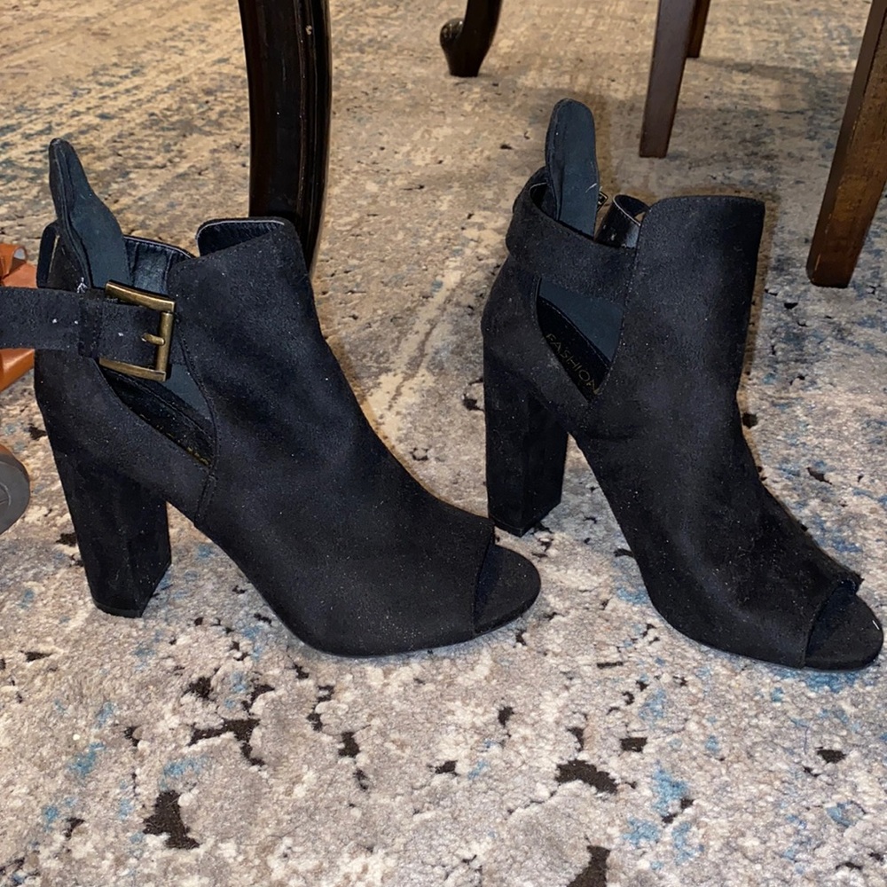 Suede peep toe booties from fashion nova